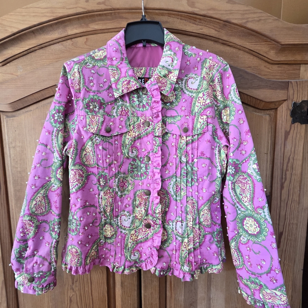Redd Jeans Womens Bright Hot Pink Jean Jacket Ruffled Paisly Sequins Beads